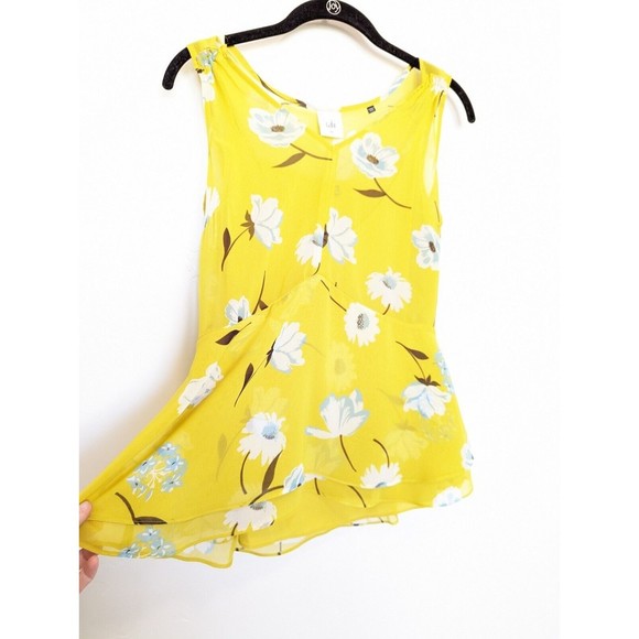 CABI Floral Top Womens Size XS Yellow Sleeveless Chiffon Sheer Ruffle Flowy - Picture 6 of 9